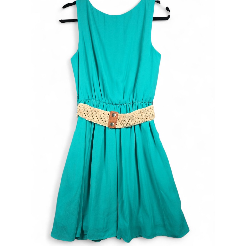 By & By Womens L Teal Green‎ Pleated Fit Flare Dress Belted Romantic Cocktail
